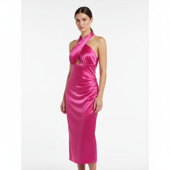 Milly Nicolette Womens Hot Pink Halter Ruched Satin Midi Dress Chic NEW 10 - Picture 1 of 7